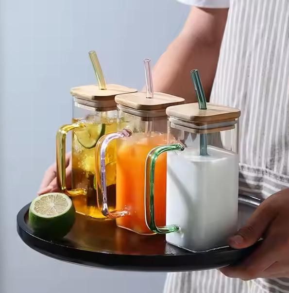 Square Glass Wood Cap With Straw (Pack of 1)