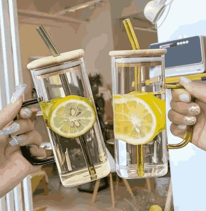 Square Glass Wood Cap With Straw (Pack of 1)